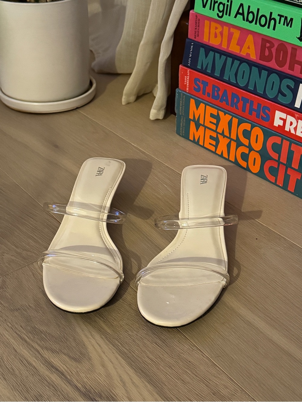 ZARA Slide Sandals with Clear Double Straps Mini Wedge Acrylic